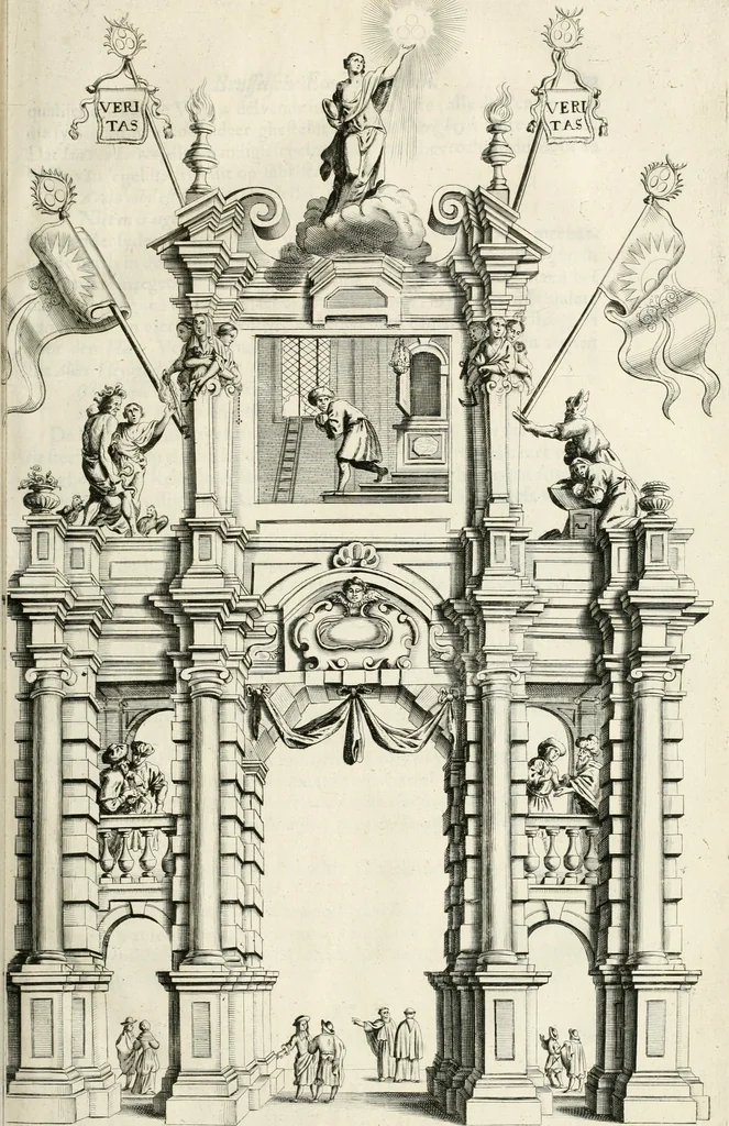An illustration from Brusselsche eer-triumphen : dat is eene waerachtighe beschreijvinge van alle de hertoghlijcke huldinghen, der keyseren, koninghen, konighinnen, hertoghen en princen inne-komsten, vreugde-fessten en tournoy-spelen : gheschiet binnen princelijcke stadt Brussel, t'sedert hare op-bauwinghe tot desen teghenwoordighen dagh toe : eyndende met waerachtighe beschrijvinghe van de groote feeste, van het dry hondert jarigh jubile van het hoogh-weerdigh H. Sacrament van Mirakalen : waer en alles, dat daer in de voorschreve feeste gheschiet is, soo raeckende den dienst in de kerke, als den gangh van de processie, met alle sijne bediedtselen en triumph-waeghens, en verciersel van den wegh der processie verhaelt staen : en de arcken triumphael, in fijne kopere platen zijn uyt-gedruckt, 1670, leaf 116