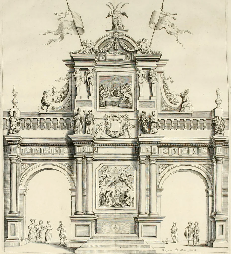 An illustration from Brusselsche eer-triumphen : dat is eene waerachtighe beschreijvinge van alle de hertoghlijcke huldinghen, der keyseren, koninghen, konighinnen, hertoghen en princen inne-komsten, vreugde-fessten en tournoy-spelen : gheschiet binnen princelijcke stadt Brussel, t'sedert hare op-bauwinghe tot desen teghenwoordighen dagh toe : eyndende met waerachtighe beschrijvinghe van de groote feeste, van het dry hondert jarigh jubile van het hoogh-weerdigh H. Sacrament van Mirakalen : waer en alles, dat daer in de voorschreve feeste gheschiet is, soo raeckende den dienst in de kerke, als den gangh van de processie, met alle sijne bediedtselen en triumph-waeghens, en verciersel van den wegh der processie verhaelt staen : en de arcken triumphael, in fijne kopere platen zijn uyt-gedruckt, 1670, leaf 121