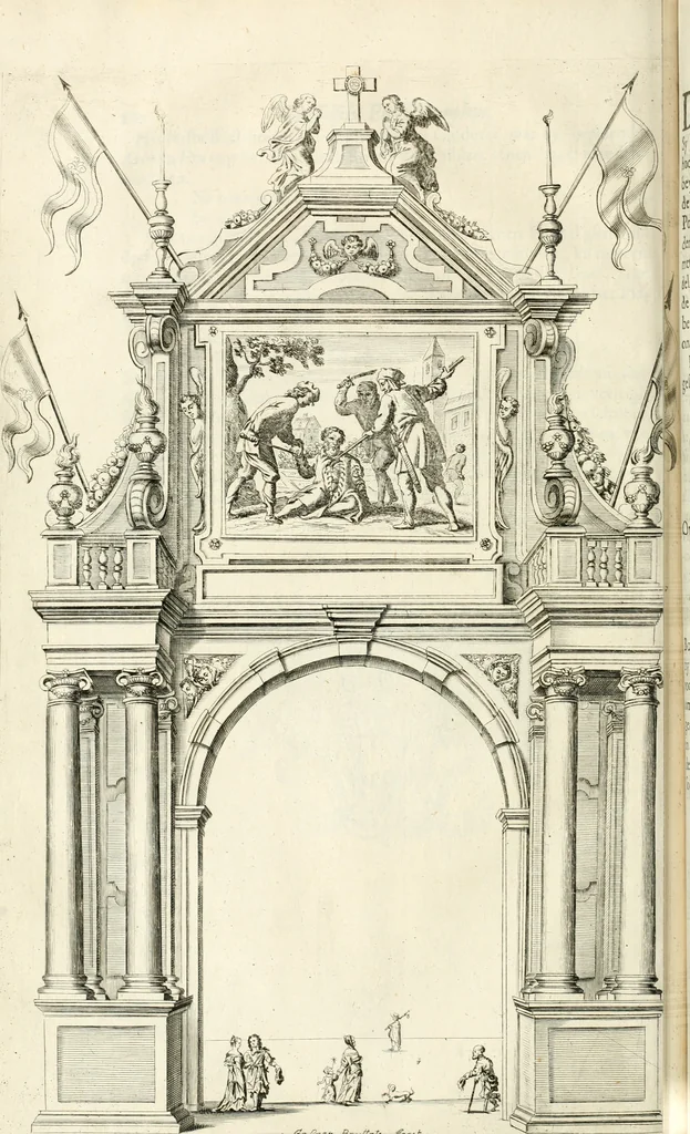 An illustration from Brusselsche eer-triumphen : dat is eene waerachtighe beschreijvinge van alle de hertoghlijcke huldinghen, der keyseren, koninghen, konighinnen, hertoghen en princen inne-komsten, vreugde-fessten en tournoy-spelen : gheschiet binnen princelijcke stadt Brussel, t'sedert hare op-bauwinghe tot desen teghenwoordighen dagh toe : eyndende met waerachtighe beschrijvinghe van de groote feeste, van het dry hondert jarigh jubile van het hoogh-weerdigh H. Sacrament van Mirakalen : waer en alles, dat daer in de voorschreve feeste gheschiet is, soo raeckende den dienst in de kerke, als den gangh van de processie, met alle sijne bediedtselen en triumph-waeghens, en verciersel van den wegh der processie verhaelt staen : en de arcken triumphael, in fijne kopere platen zijn uyt-gedruckt, 1670, leaf 125