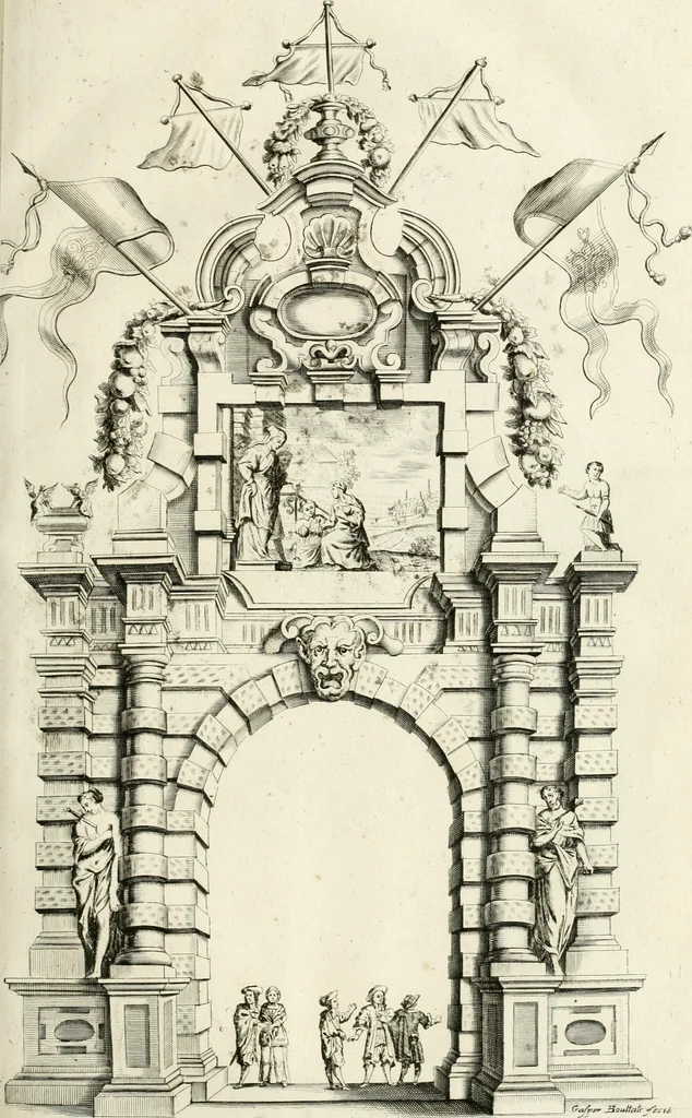 An illustration from Brusselsche eer-triumphen : dat is eene waerachtighe beschreijvinge van alle de hertoghlijcke huldinghen, der keyseren, koninghen, konighinnen, hertoghen en princen inne-komsten, vreugde-fessten en tournoy-spelen : gheschiet binnen princelijcke stadt Brussel, t'sedert hare op-bauwinghe tot desen teghenwoordighen dagh toe : eyndende met waerachtighe beschrijvinghe van de groote feeste, van het dry hondert jarigh jubile van het hoogh-weerdigh H. Sacrament van Mirakalen : waer en alles, dat daer in de voorschreve feeste gheschiet is, soo raeckende den dienst in de kerke, als den gangh van de processie, met alle sijne bediedtselen en triumph-waeghens, en verciersel van den wegh der processie verhaelt staen : en de arcken triumphael, in fijne kopere platen zijn uyt-gedruckt, 1670, leaf 128