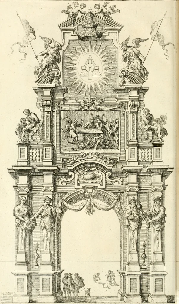 An illustration from Brusselsche eer-triumphen : dat is eene waerachtighe beschreijvinge van alle de hertoghlijcke huldinghen, der keyseren, koninghen, konighinnen, hertoghen en princen inne-komsten, vreugde-fessten en tournoy-spelen : gheschiet binnen princelijcke stadt Brussel, t'sedert hare op-bauwinghe tot desen teghenwoordighen dagh toe : eyndende met waerachtighe beschrijvinghe van de groote feeste, van het dry hondert jarigh jubile van het hoogh-weerdigh H. Sacrament van Mirakalen : waer en alles, dat daer in de voorschreve feeste gheschiet is, soo raeckende den dienst in de kerke, als den gangh van de processie, met alle sijne bediedtselen en triumph-waeghens, en verciersel van den wegh der processie verhaelt staen : en de arcken triumphael, in fijne kopere platen zijn uyt-gedruckt, 1670, leaf 131