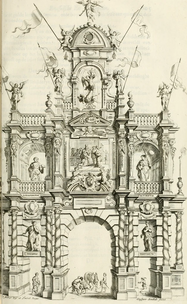 An illustration from Brusselsche eer-triumphen : dat is eene waerachtighe beschreijvinge van alle de hertoghlijcke huldinghen, der keyseren, koninghen, konighinnen, hertoghen en princen inne-komsten, vreugde-fessten en tournoy-spelen : gheschiet binnen princelijcke stadt Brussel, t'sedert hare op-bauwinghe tot desen teghenwoordighen dagh toe : eyndende met waerachtighe beschrijvinghe van de groote feeste, van het dry hondert jarigh jubile van het hoogh-weerdigh H. Sacrament van Mirakalen : waer en alles, dat daer in de voorschreve feeste gheschiet is, soo raeckende den dienst in de kerke, als den gangh van de processie, met alle sijne bediedtselen en triumph-waeghens, en verciersel van den wegh der processie verhaelt staen : en de arcken triumphael, in fijne kopere platen zijn uyt-gedruckt, 1670, leaf 134