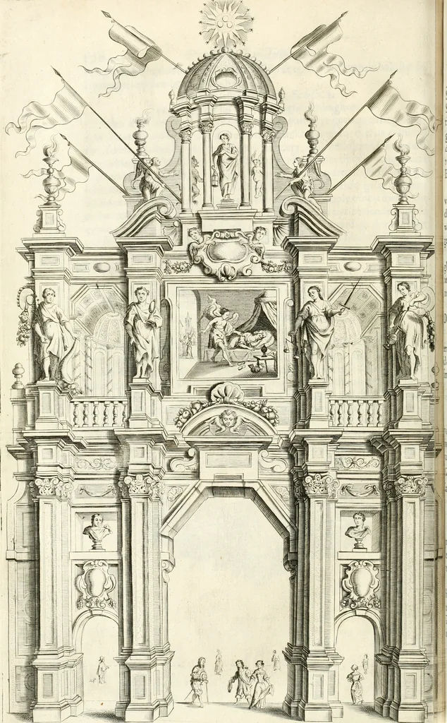 An illustration from Brusselsche eer-triumphen : dat is eene waerachtighe beschreijvinge van alle de hertoghlijcke huldinghen, der keyseren, koninghen, konighinnen, hertoghen en princen inne-komsten, vreugde-fessten en tournoy-spelen : gheschiet binnen princelijcke stadt Brussel, t'sedert hare op-bauwinghe tot desen teghenwoordighen dagh toe : eyndende met waerachtighe beschrijvinghe van de groote feeste, van het dry hondert jarigh jubile van het hoogh-weerdigh H. Sacrament van Mirakalen : waer en alles, dat daer in de voorschreve feeste gheschiet is, soo raeckende den dienst in de kerke, als den gangh van de processie, met alle sijne bediedtselen en triumph-waeghens, en verciersel van den wegh der processie verhaelt staen : en de arcken triumphael, in fijne kopere platen zijn uyt-gedruckt, 1670, leaf 139