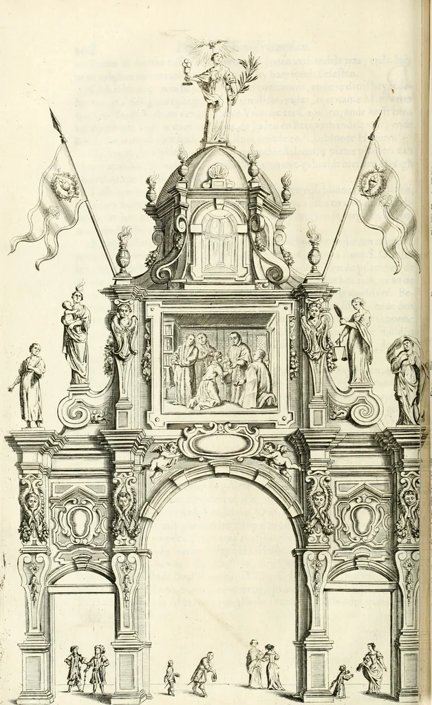 An illustration from Brusselsche eer-triumphen : dat is eene waerachtighe beschreijvinge van alle de hertoghlijcke huldinghen, der keyseren, koninghen, konighinnen, hertoghen en princen inne-komsten, vreugde-fessten en tournoy-spelen : gheschiet binnen princelijcke stadt Brussel, t'sedert hare op-bauwinghe tot desen teghenwoordighen dagh toe : eyndende met waerachtighe beschrijvinghe van de groote feeste, van het dry hondert jarigh jubile van het hoogh-weerdigh H. Sacrament van Mirakalen : waer en alles, dat daer in de voorschreve feeste gheschiet is, soo raeckende den dienst in de kerke, als den gangh van de processie, met alle sijne bediedtselen en triumph-waeghens, en verciersel van den wegh der processie verhaelt staen : en de arcken triumphael, in fijne kopere platen zijn uyt-gedruckt, 1670, leaf 143