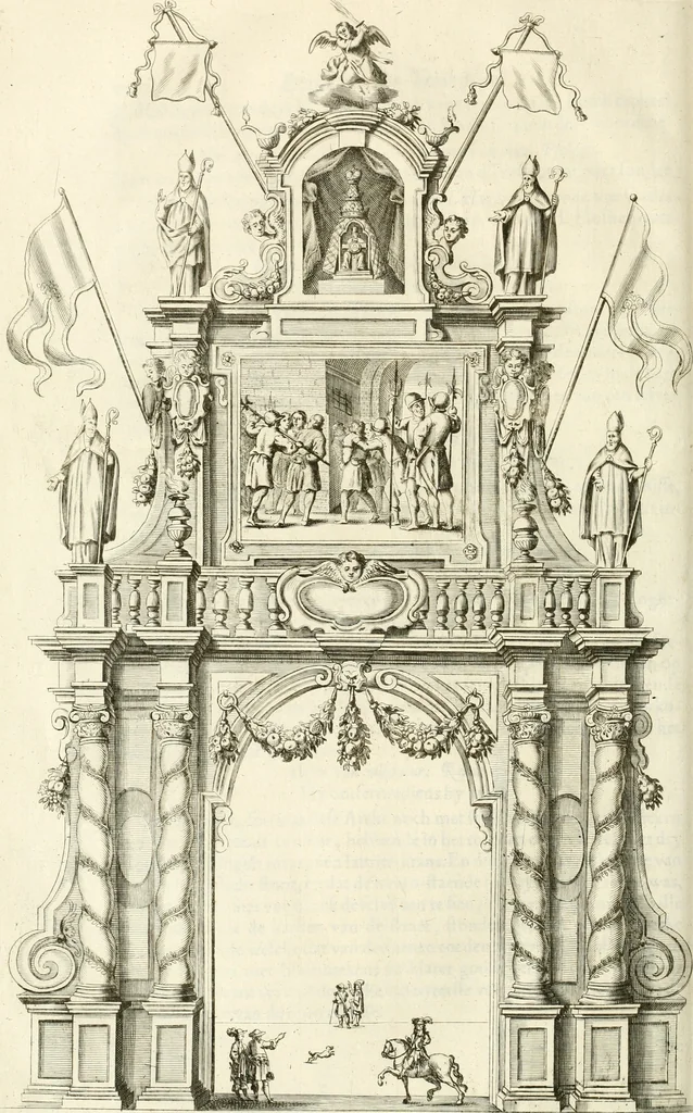 An illustration from Brusselsche eer-triumphen : dat is eene waerachtighe beschreijvinge van alle de hertoghlijcke huldinghen, der keyseren, koninghen, konighinnen, hertoghen en princen inne-komsten, vreugde-fessten en tournoy-spelen : gheschiet binnen princelijcke stadt Brussel, t'sedert hare op-bauwinghe tot desen teghenwoordighen dagh toe : eyndende met waerachtighe beschrijvinghe van de groote feeste, van het dry hondert jarigh jubile van het hoogh-weerdigh H. Sacrament van Mirakalen : waer en alles, dat daer in de voorschreve feeste gheschiet is, soo raeckende den dienst in de kerke, als den gangh van de processie, met alle sijne bediedtselen en triumph-waeghens, en verciersel van den wegh der processie verhaelt staen : en de arcken triumphael, in fijne kopere platen zijn uyt-gedruckt, 1670, leaf 147