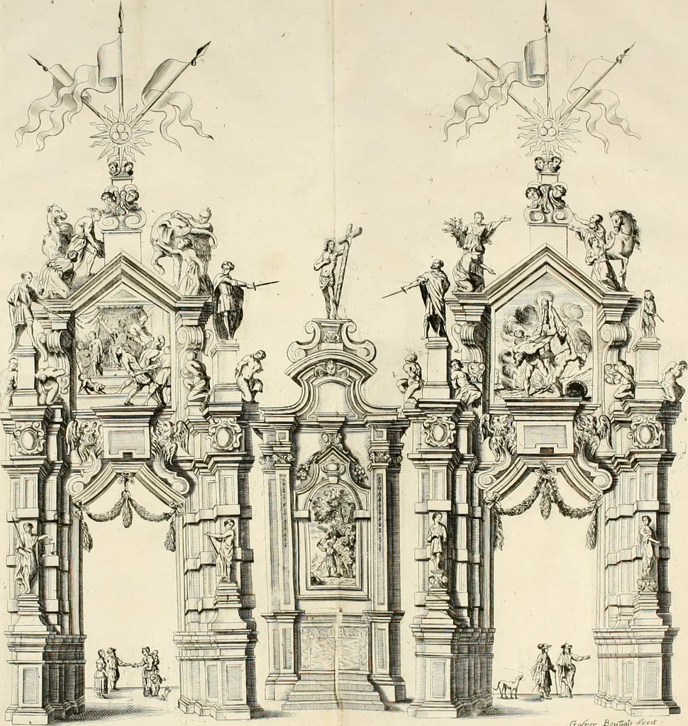 An illustration from Brusselsche eer-triumphen : dat is eene waerachtighe beschreijvinge van alle de hertoghlijcke huldinghen, der keyseren, koninghen, konighinnen, hertoghen en princen inne-komsten, vreugde-fessten en tournoy-spelen : gheschiet binnen princelijcke stadt Brussel, t'sedert hare op-bauwinghe tot desen teghenwoordighen dagh toe : eyndende met waerachtighe beschrijvinghe van de groote feeste, van het dry hondert jarigh jubile van het hoogh-weerdigh H. Sacrament van Mirakalen : waer en alles, dat daer in de voorschreve feeste gheschiet is, soo raeckende den dienst in de kerke, als den gangh van de processie, met alle sijne bediedtselen en triumph-waeghens, en verciersel van den wegh der processie verhaelt staen : en de arcken triumphael, in fijne kopere platen zijn uyt-gedruckt, 1670, leaf 151