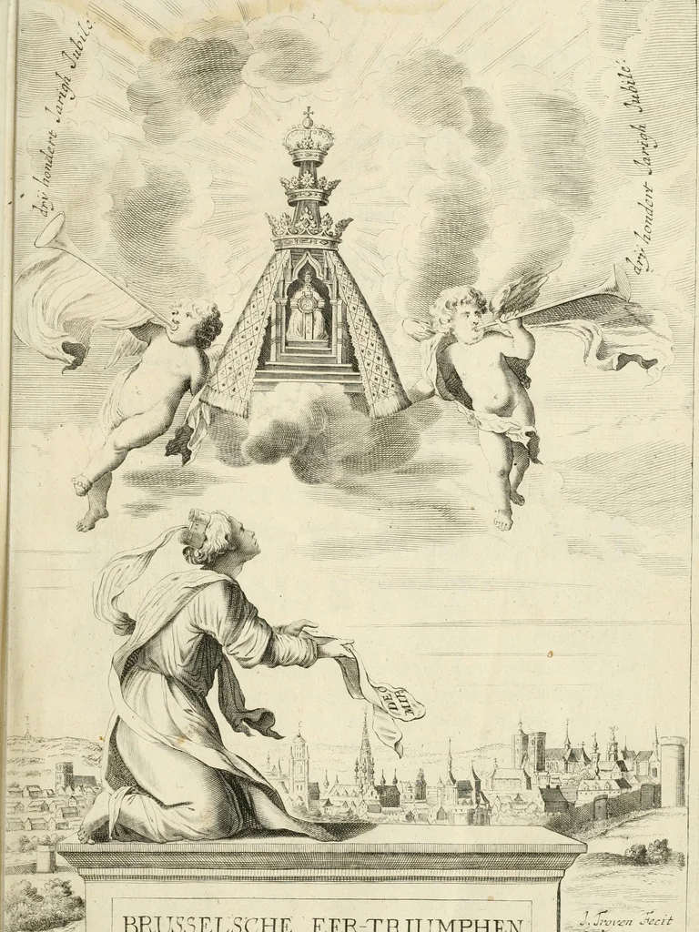 An illustration from Brusselsche eer-triumphen : dat is eene waerachtighe beschreijvinge van alle de hertoghlijcke huldinghen, der keyseren, koninghen, konighinnen, hertoghen en princen inne-komsten, vreugde-fessten en tournoy-spelen : gheschiet binnen princelijcke stadt Brussel, t'sedert hare op-bauwinghe tot desen teghenwoordighen dagh toe : eyndende met waerachtighe beschrijvinghe van de groote feeste, van het dry hondert jarigh jubile van het hoogh-weerdigh H. Sacrament van Mirakalen : waer en alles, dat daer in de voorschreve feeste gheschiet is, soo raeckende den dienst in de kerke, als den gangh van de processie, met alle sijne bediedtselen en triumph-waeghens, en verciersel van den wegh der processie verhaelt staen : en de arcken triumphael, in fijne kopere platen zijn uyt-gedruckt, 1670, leaf 6