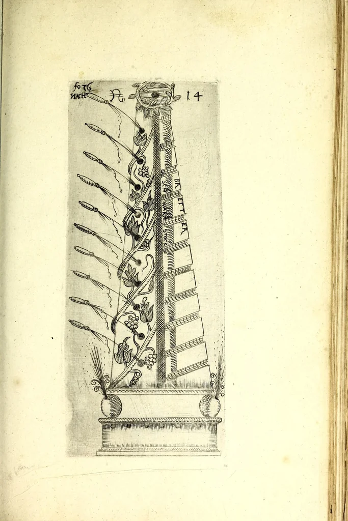 An illustration from Büchsenmeister-Discurs : eine neuerfundene Kugel-Taffel, Abtheilung der Stuc̈ke, Laveten und Visir-Stäbe : sambt einem wohlbestellten Feuerwercks-Laboratorio, zu Schimpf und Ernst, vielerley neuerfundenen Wasser- und Böllerkugeln : Abtheilungen der Böller, sambt ihren Laveten, Quadranten und Racheten-Stöcken : nebst etlich funfzig Kupferplatten und einem aussführlichen Register zu Ende dieses Buches beygefüget, 1662, leaf 229