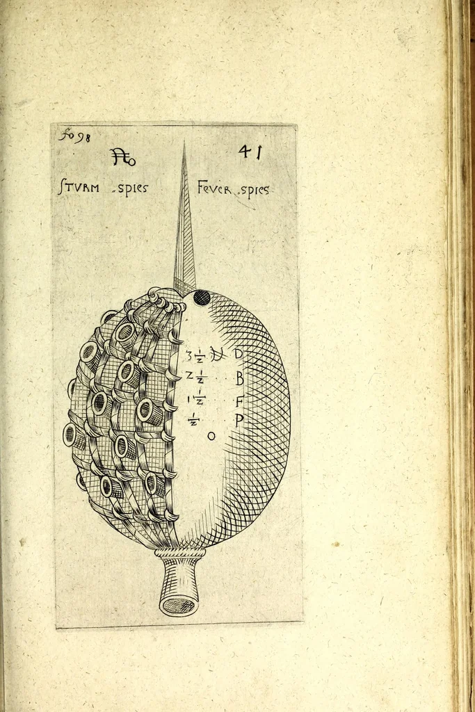 An illustration from Büchsenmeister-Discurs : eine neuerfundene Kugel-Taffel, Abtheilung der Stuc̈ke, Laveten und Visir-Stäbe : sambt einem wohlbestellten Feuerwercks-Laboratorio, zu Schimpf und Ernst, vielerley neuerfundenen Wasser- und Böllerkugeln : Abtheilungen der Böller, sambt ihren Laveten, Quadranten und Racheten-Stöcken : nebst etlich funfzig Kupferplatten und einem aussführlichen Register zu Ende dieses Buches beygefüget, 1662, leaf 271