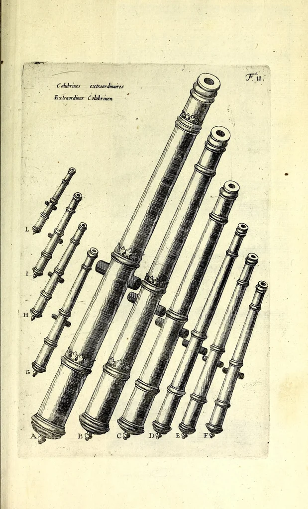 An illustration from Büchsenmeister-Discurs : eine neuerfundene Kugel-Taffel, Abtheilung der Stuc̈ke, Laveten und Visir-Stäbe : sambt einem wohlbestellten Feuerwercks-Laboratorio, zu Schimpf und Ernst, vielerley neuerfundenen Wasser- und Böllerkugeln : Abtheilungen der Böller, sambt ihren Laveten, Quadranten und Racheten-Stöcken : nebst etlich funfzig Kupferplatten und einem aussführlichen Register zu Ende dieses Buches beygefüget, 1662, leaf 319