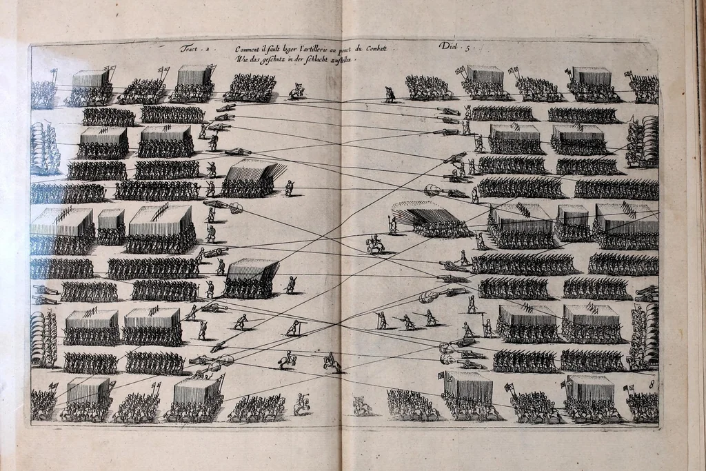 An illustration from Büchsenmeister-Discurs : eine neuerfundene Kugel-Taffel, Abtheilung der Stuc̈ke, Laveten und Visir-Stäbe : sambt einem wohlbestellten Feuerwercks-Laboratorio, zu Schimpf und Ernst, vielerley neuerfundenen Wasser- und Böllerkugeln : Abtheilungen der Böller, sambt ihren Laveten, Quadranten und Racheten-Stöcken : nebst etlich funfzig Kupferplatten und einem aussführlichen Register zu Ende dieses Buches beygefüget, 1662, leaf 327