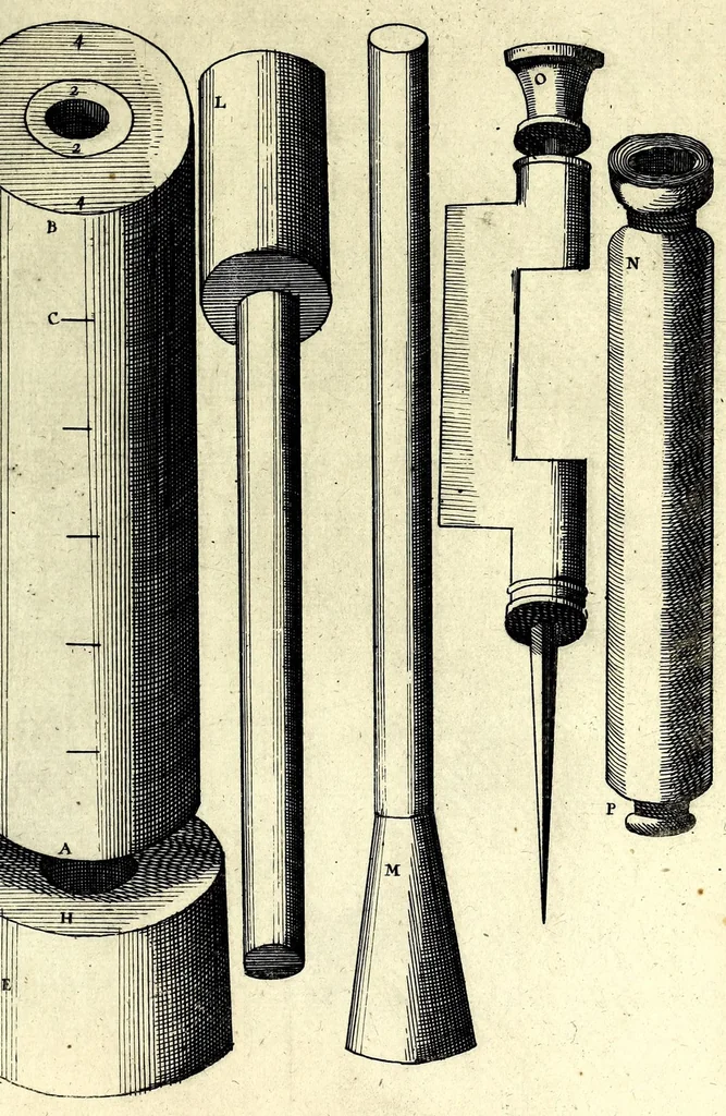 An illustration from Büchsenmeister-Discurs : eine neuerfundene Kugel-Taffel, Abtheilung der Stuc̈ke, Laveten und Visir-Stäbe : sambt einem wohlbestellten Feuerwercks-Laboratorio, zu Schimpf und Ernst, vielerley neuerfundenen Wasser- und Böllerkugeln : Abtheilungen der Böller, sambt ihren Laveten, Quadranten und Racheten-Stöcken : nebst etlich funfzig Kupferplatten und einem aussführlichen Register zu Ende dieses Buches beygefüget, 1662, leaf 363