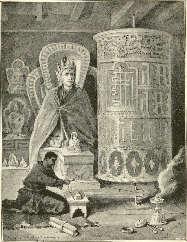 An illustration from The Buddhist praying-wheel : a collection of material bearing upon the symbolism of the wheel and circular movements in custom and religious ritual, 1896, leaf 5
