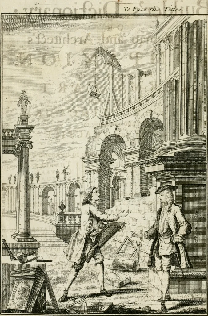 An illustration from The builder's dictionary, or, Gentleman and architect's companion : explaining not only the terms of art in all the several parts of architecture, but also containing the theory and practice of the various branches thereof ... : also necessary problems in arithmetic, geometry, mechanics, perspective, hydraulics, and other mathematical sciences : together with the quantities proportions, and prices of all kinds of materials used in building ..., 1734, leaf 7