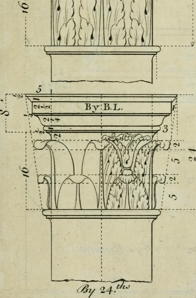 An illustration from The builder's director, or bench-mate : being a pocket-treasury of the Grecian, Roman and Gothic orders of architecture ... : wherein the orders of Andrea Palladio are truly laid down, free from erroneous measures ..., 1751, leaf 102