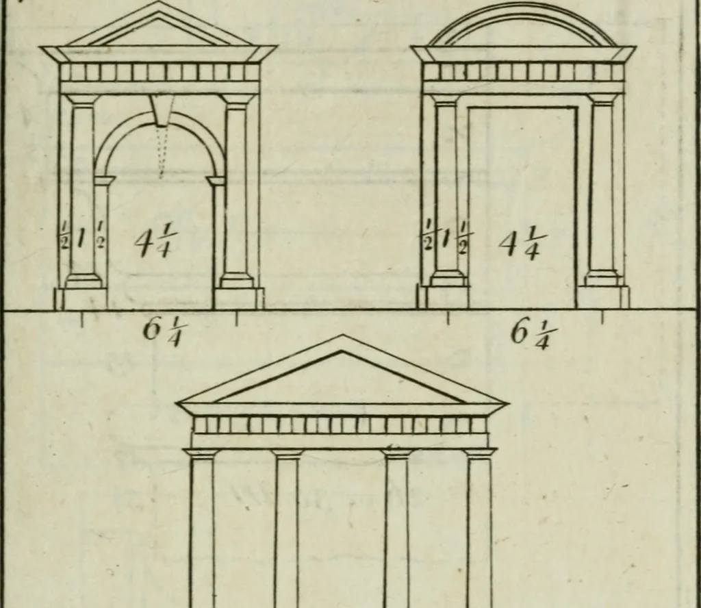 An illustration from The builder's director, or bench-mate : being a pocket-treasury of the Grecian, Roman and Gothic orders of architecture ... : wherein the orders of Andrea Palladio are truly laid down, free from erroneous measures ..., 1751, leaf 118