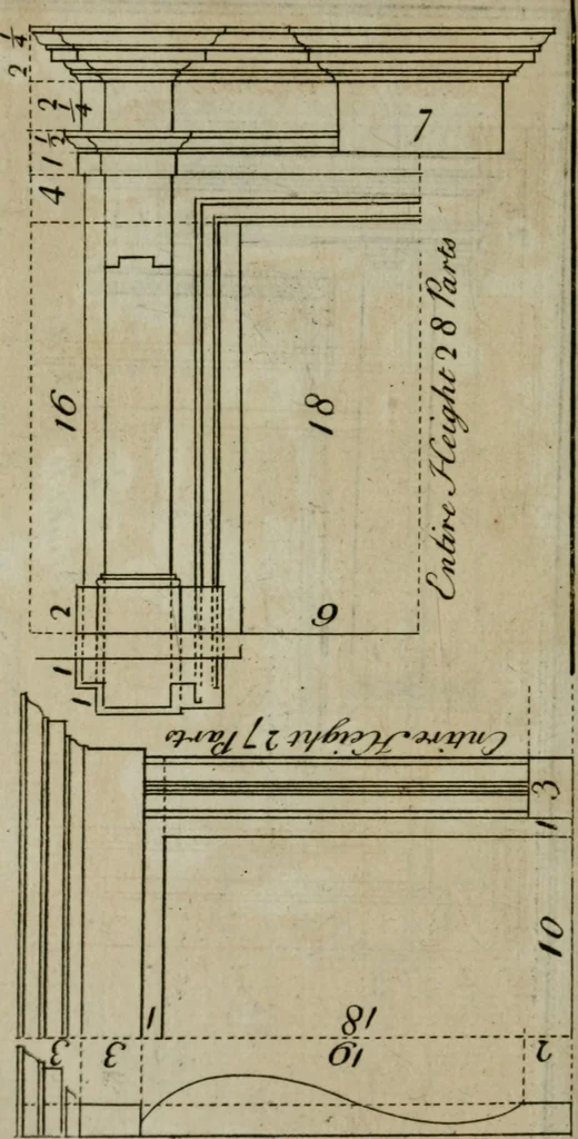 An illustration from The builder's director, or bench-mate : being a pocket-treasury of the Grecian, Roman and Gothic orders of architecture ... : wherein the orders of Andrea Palladio are truly laid down, free from erroneous measures ..., 1751, leaf 165