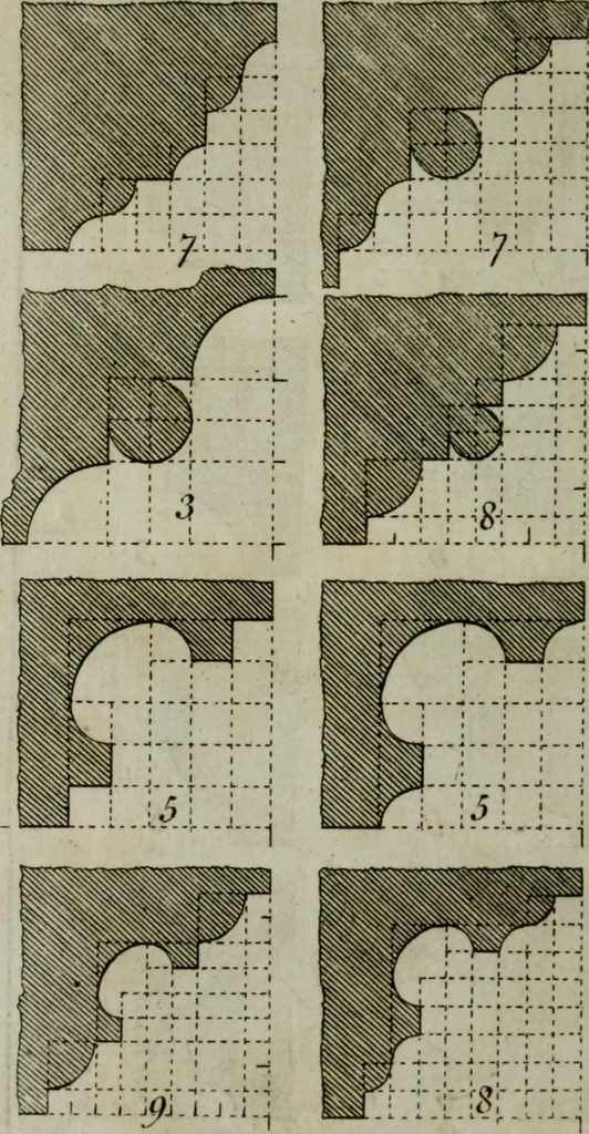 An illustration from The builder's director, or bench-mate : being a pocket-treasury of the Grecian, Roman and Gothic orders of architecture ... : wherein the orders of Andrea Palladio are truly laid down, free from erroneous measures ..., 1751, leaf 199