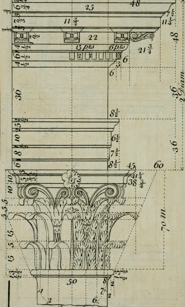 An illustration from The builder's director, or bench-mate : being a pocket-treasury of the Grecian, Roman and Gothic orders of architecture ... : wherein the orders of Andrea Palladio are truly laid down, free from erroneous measures ..., 1751, leaf 69