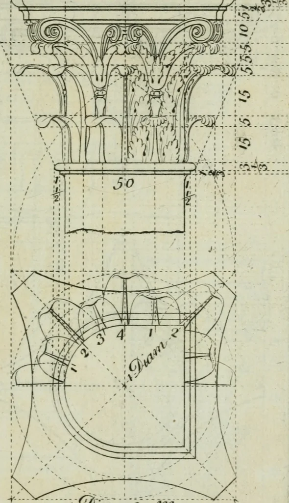 An illustration from The builder's director, or bench-mate : being a pocket-treasury of the Grecian, Roman and Gothic orders of architecture ... : wherein the orders of Andrea Palladio are truly laid down, free from erroneous measures ..., 1751, leaf 70