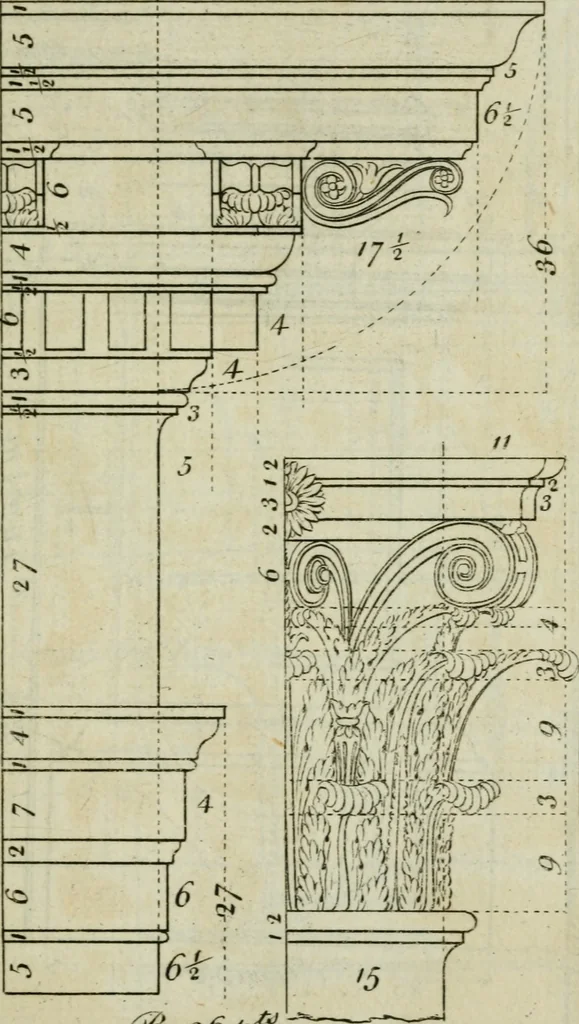 An illustration from The builder's director, or bench-mate : being a pocket-treasury of the Grecian, Roman and Gothic orders of architecture ... : wherein the orders of Andrea Palladio are truly laid down, free from erroneous measures ..., 1751, leaf 72