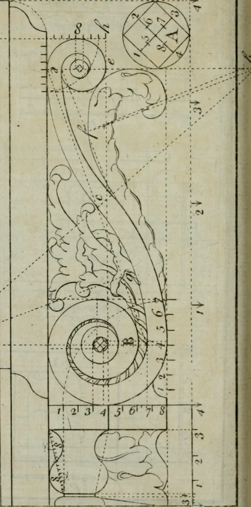 An illustration from The builder's director, or bench-mate : being a pocket-treasury of the Grecian, Roman and Gothic orders of architecture ... : wherein the orders of Andrea Palladio are truly laid down, free from erroneous measures ..., 1751, leaf 77