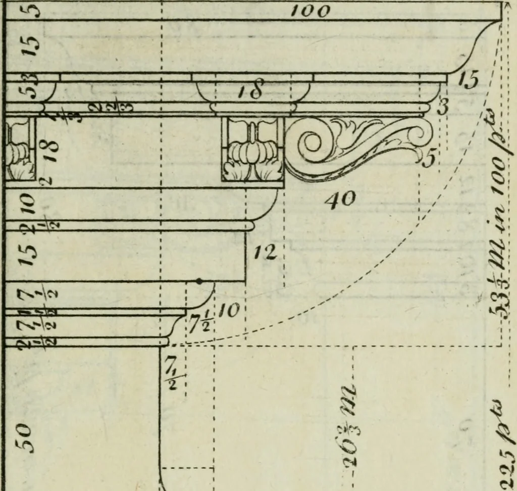 An illustration from The builder's director, or bench-mate : being a pocket-treasury of the Grecian, Roman and Gothic orders of architecture ... : wherein the orders of Andrea Palladio are truly laid down, free from erroneous measures ..., 1751, leaf 90
