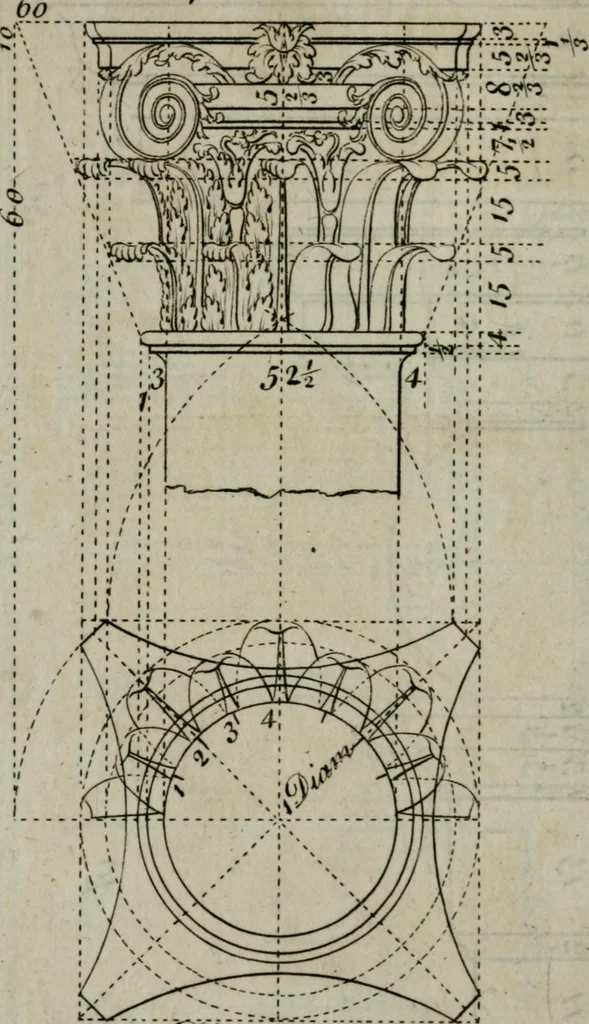 An illustration from The builder's director, or bench-mate : being a pocket-treasury of the Grecian, Roman and Gothic orders of architecture ... : wherein the orders of Andrea Palladio are truly laid down, free from erroneous measures ..., 1751, leaf 97