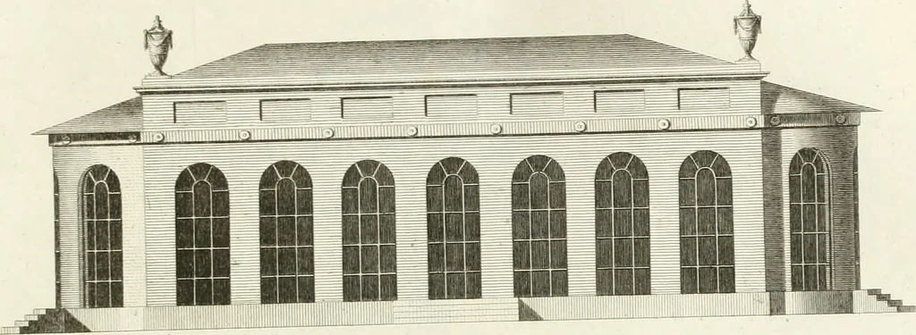 An illustration from The builder's magazine, or, A universal dictionary for architects, carpenters, masons, bricklayers, &c. as well as for every gentleman who would wish to be a competent judge of the elegant and necessary art of building : consisting of designs in architecture ... : together with the plans and sections serving as an unerring assistant in the construction of any building, from a palace to a cottage ..., 1800, leaf 102