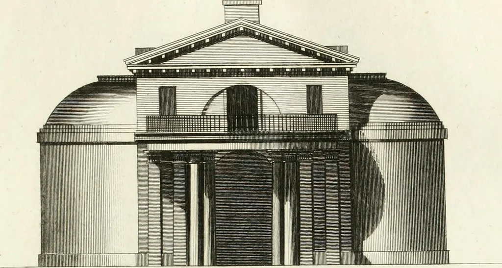 An illustration from The builder's magazine, or, A universal dictionary for architects, carpenters, masons, bricklayers, &c. as well as for every gentleman who would wish to be a competent judge of the elegant and necessary art of building : consisting of designs in architecture ... : together with the plans and sections serving as an unerring assistant in the construction of any building, from a palace to a cottage ..., 1800, leaf 118