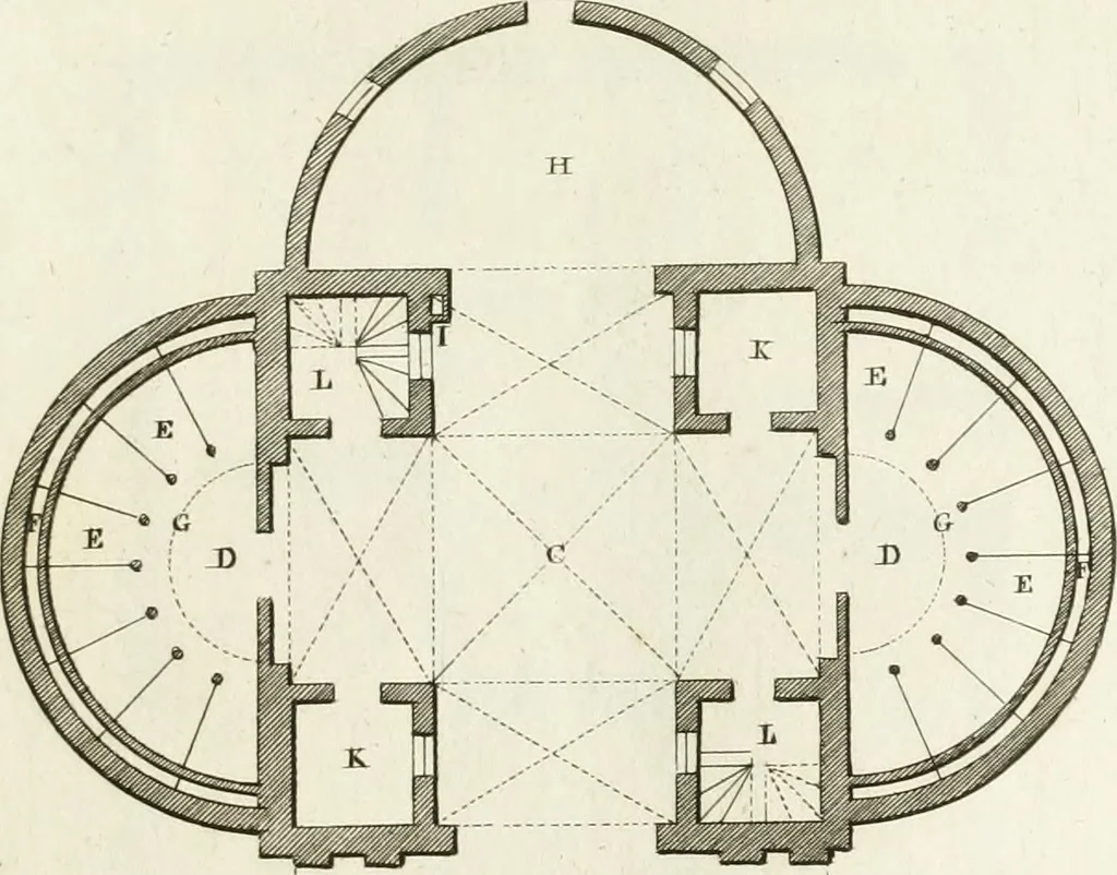 An illustration from The builder's magazine, or, A universal dictionary for architects, carpenters, masons, bricklayers, &c. as well as for every gentleman who would wish to be a competent judge of the elegant and necessary art of building : consisting of designs in architecture ... : together with the plans and sections serving as an unerring assistant in the construction of any building, from a palace to a cottage ..., 1800, leaf 118