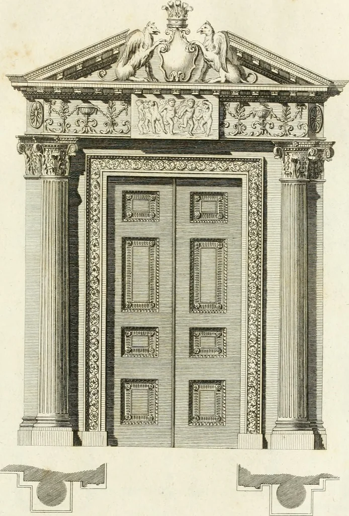 An illustration from The builder's magazine, or, A universal dictionary for architects, carpenters, masons, bricklayers, &c. as well as for every gentleman who would wish to be a competent judge of the elegant and necessary art of building : consisting of designs in architecture ... : together with the plans and sections serving as an unerring assistant in the construction of any building, from a palace to a cottage ..., 1800, leaf 12