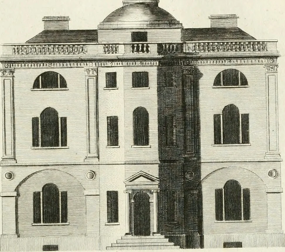 An illustration from The builder's magazine, or, A universal dictionary for architects, carpenters, masons, bricklayers, &c. as well as for every gentleman who would wish to be a competent judge of the elegant and necessary art of building : consisting of designs in architecture ... : together with the plans and sections serving as an unerring assistant in the construction of any building, from a palace to a cottage ..., 1800, leaf 120