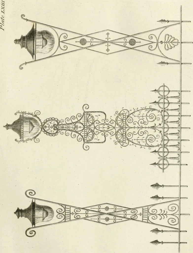 An illustration from The builder's magazine, or, A universal dictionary for architects, carpenters, masons, bricklayers, &c. as well as for every gentleman who would wish to be a competent judge of the elegant and necessary art of building : consisting of designs in architecture ... : together with the plans and sections serving as an unerring assistant in the construction of any building, from a palace to a cottage ..., 1800, leaf 128