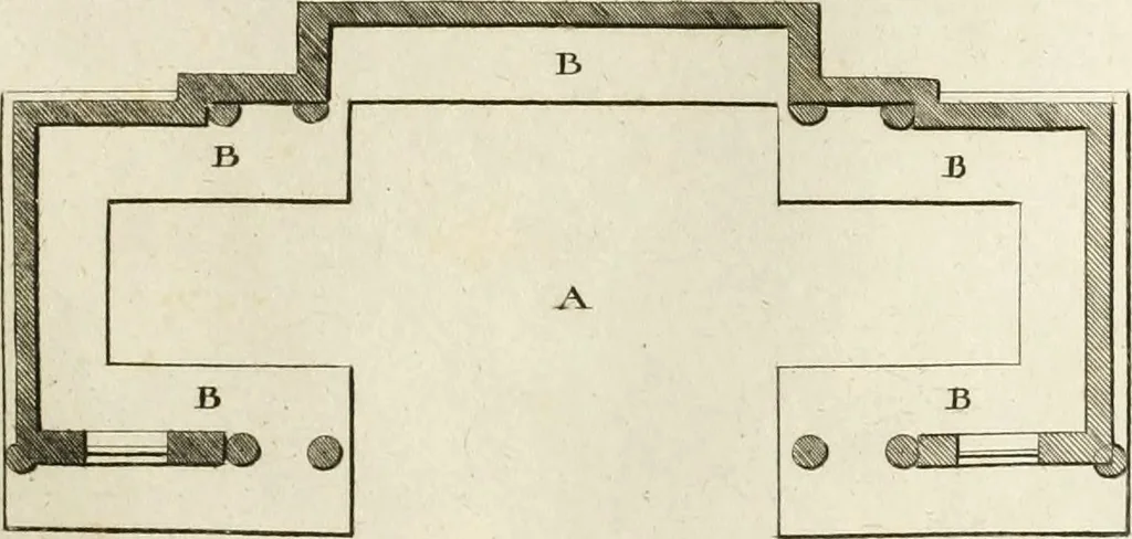 An illustration from The builder's magazine, or, A universal dictionary for architects, carpenters, masons, bricklayers, &c. as well as for every gentleman who would wish to be a competent judge of the elegant and necessary art of building : consisting of designs in architecture ... : together with the plans and sections serving as an unerring assistant in the construction of any building, from a palace to a cottage ..., 1800, leaf 134