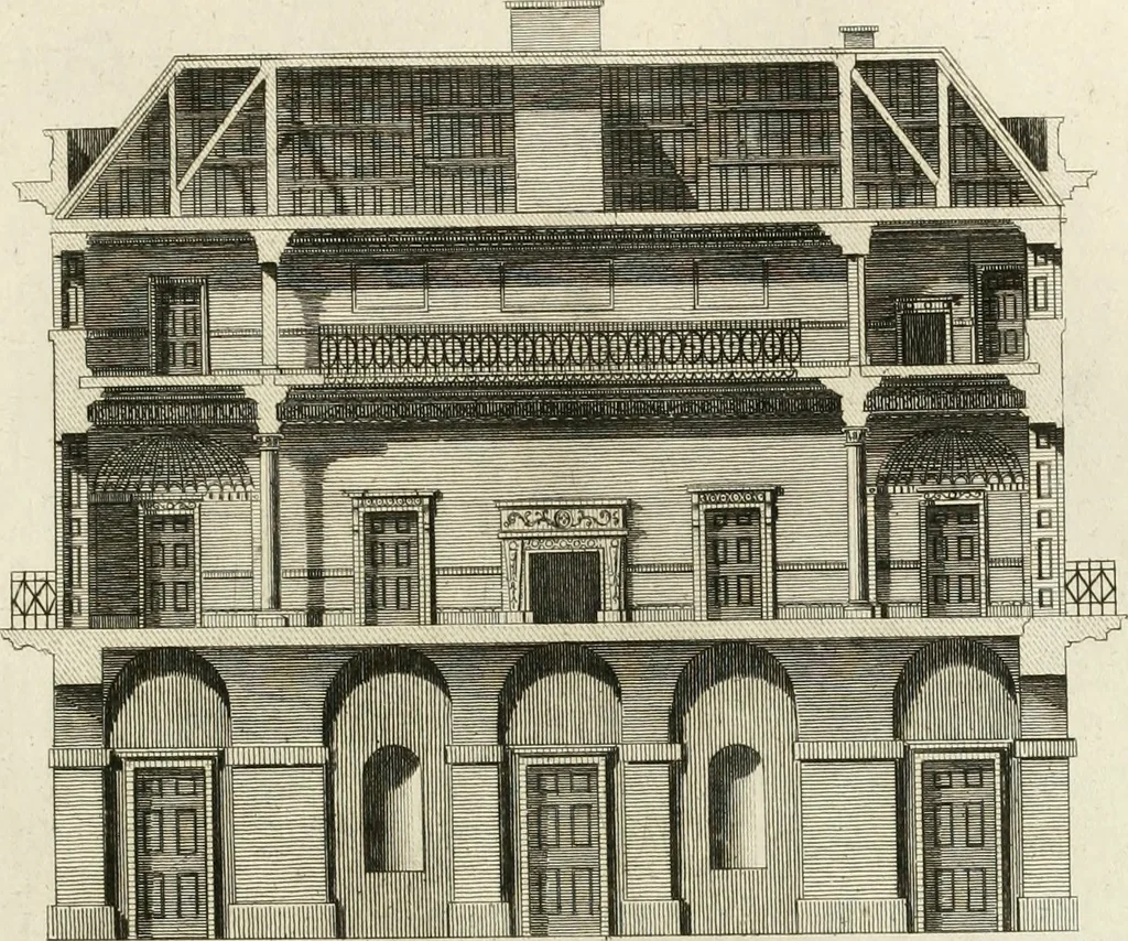 An illustration from The builder's magazine, or, A universal dictionary for architects, carpenters, masons, bricklayers, &c. as well as for every gentleman who would wish to be a competent judge of the elegant and necessary art of building : consisting of designs in architecture ... : together with the plans and sections serving as an unerring assistant in the construction of any building, from a palace to a cottage ..., 1800, leaf 138