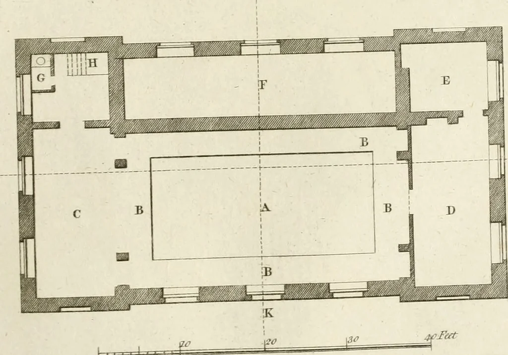 An illustration from The builder's magazine, or, A universal dictionary for architects, carpenters, masons, bricklayers, &c. as well as for every gentleman who would wish to be a competent judge of the elegant and necessary art of building : consisting of designs in architecture ... : together with the plans and sections serving as an unerring assistant in the construction of any building, from a palace to a cottage ..., 1800, leaf 146