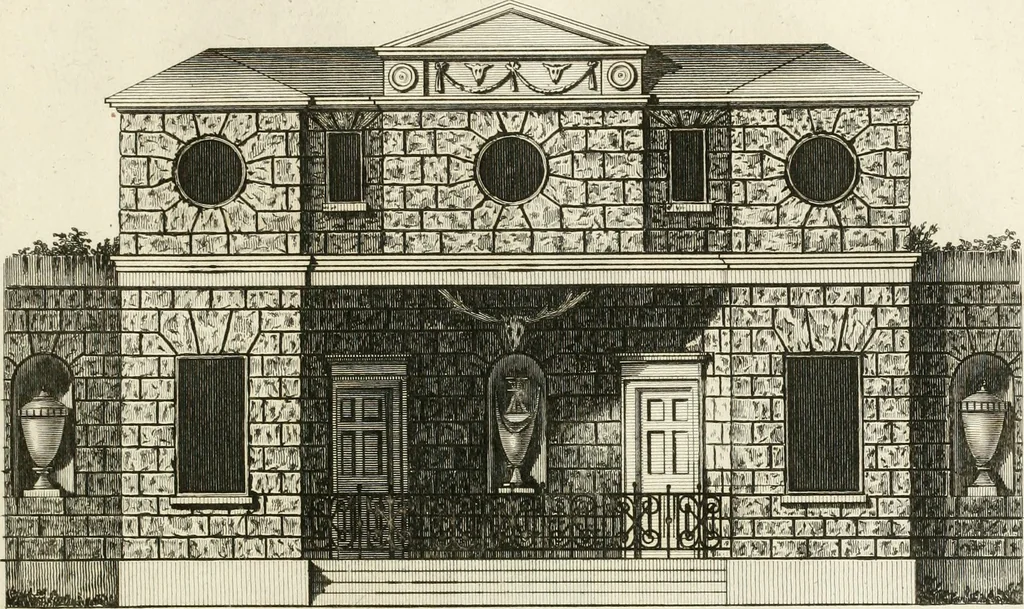 An illustration from The builder's magazine, or, A universal dictionary for architects, carpenters, masons, bricklayers, &c. as well as for every gentleman who would wish to be a competent judge of the elegant and necessary art of building : consisting of designs in architecture ... : together with the plans and sections serving as an unerring assistant in the construction of any building, from a palace to a cottage ..., 1800, leaf 148