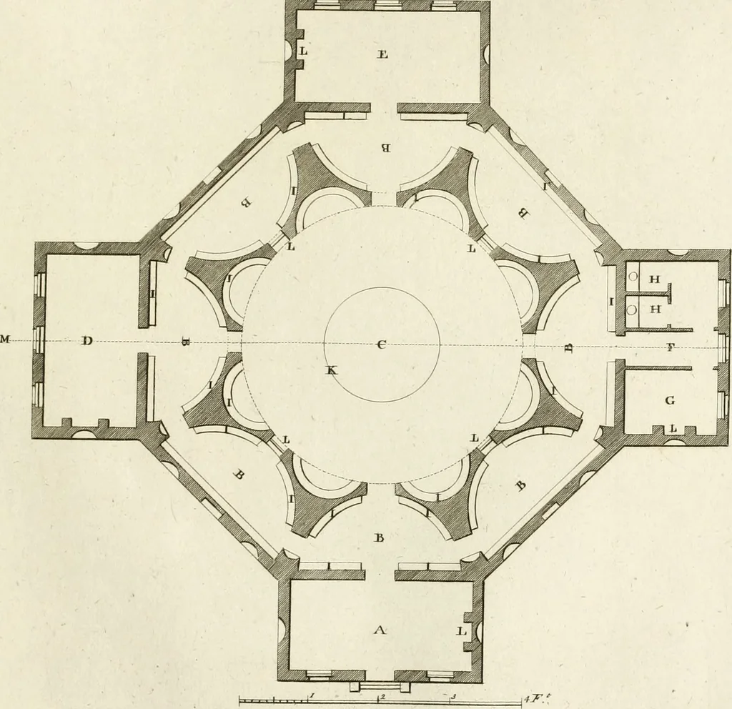 An illustration from The builder's magazine, or, A universal dictionary for architects, carpenters, masons, bricklayers, &c. as well as for every gentleman who would wish to be a competent judge of the elegant and necessary art of building : consisting of designs in architecture ... : together with the plans and sections serving as an unerring assistant in the construction of any building, from a palace to a cottage ..., 1800, leaf 154