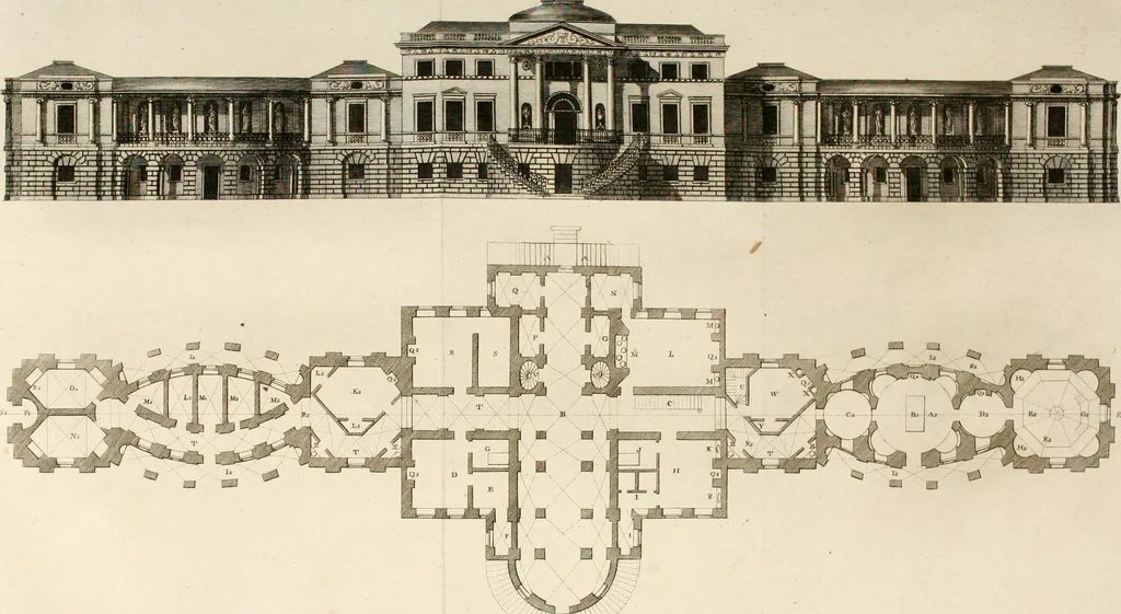 An illustration from The builder's magazine, or, A universal dictionary for architects, carpenters, masons, bricklayers, &c. as well as for every gentleman who would wish to be a competent judge of the elegant and necessary art of building : consisting of designs in architecture ... : together with the plans and sections serving as an unerring assistant in the construction of any building, from a palace to a cottage ..., 1800, leaf 163