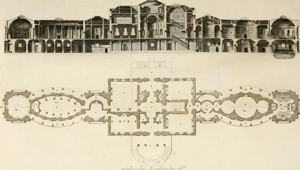 An illustration from The builder's magazine, or, A universal dictionary for architects, carpenters, masons, bricklayers, &c. as well as for every gentleman who would wish to be a competent judge of the elegant and necessary art of building : consisting of designs in architecture ... : together with the plans and sections serving as an unerring assistant in the construction of any building, from a palace to a cottage ..., 1800, leaf 169