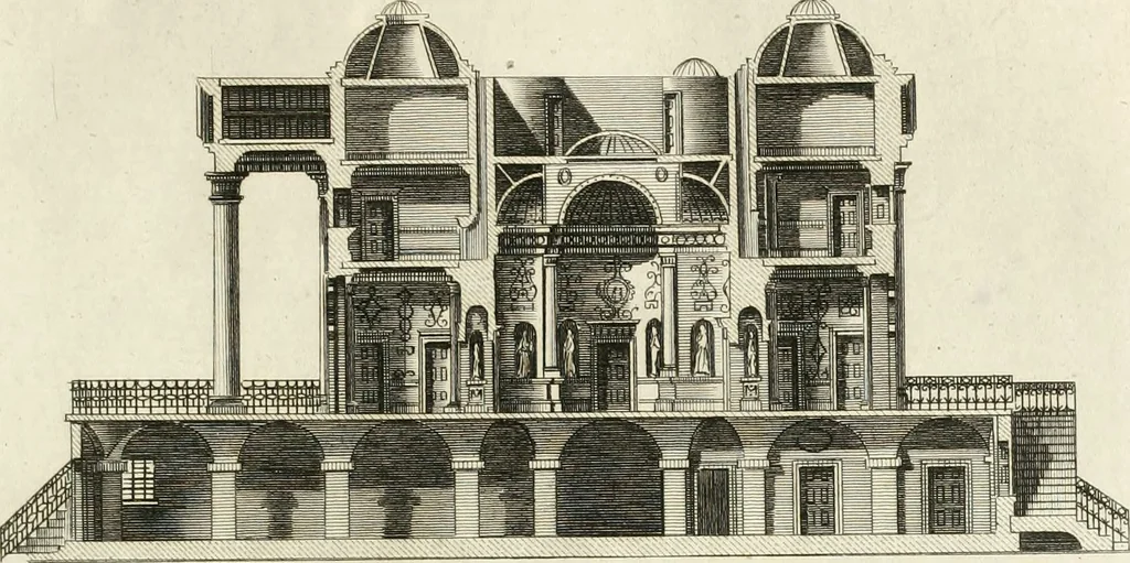 An illustration from The builder's magazine, or, A universal dictionary for architects, carpenters, masons, bricklayers, &c. as well as for every gentleman who would wish to be a competent judge of the elegant and necessary art of building : consisting of designs in architecture ... : together with the plans and sections serving as an unerring assistant in the construction of any building, from a palace to a cottage ..., 1800, leaf 174