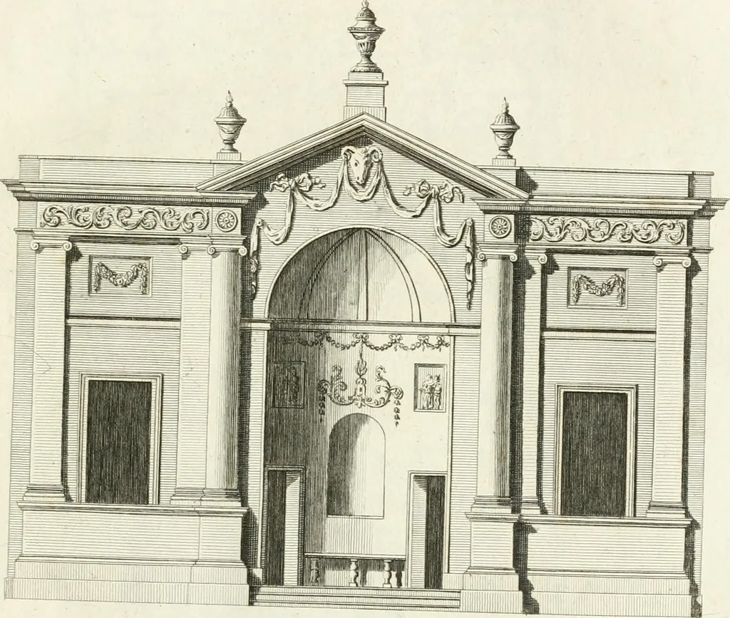 An illustration from The builder's magazine, or, A universal dictionary for architects, carpenters, masons, bricklayers, &c. as well as for every gentleman who would wish to be a competent judge of the elegant and necessary art of building : consisting of designs in architecture ... : together with the plans and sections serving as an unerring assistant in the construction of any building, from a palace to a cottage ..., 1800, leaf 18