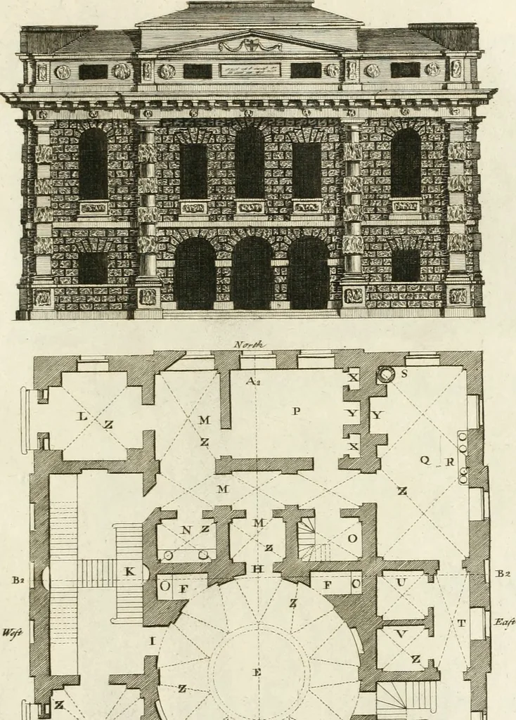An illustration from The builder's magazine, or, A universal dictionary for architects, carpenters, masons, bricklayers, &c. as well as for every gentleman who would wish to be a competent judge of the elegant and necessary art of building : consisting of designs in architecture ... : together with the plans and sections serving as an unerring assistant in the construction of any building, from a palace to a cottage ..., 1800, leaf 182
