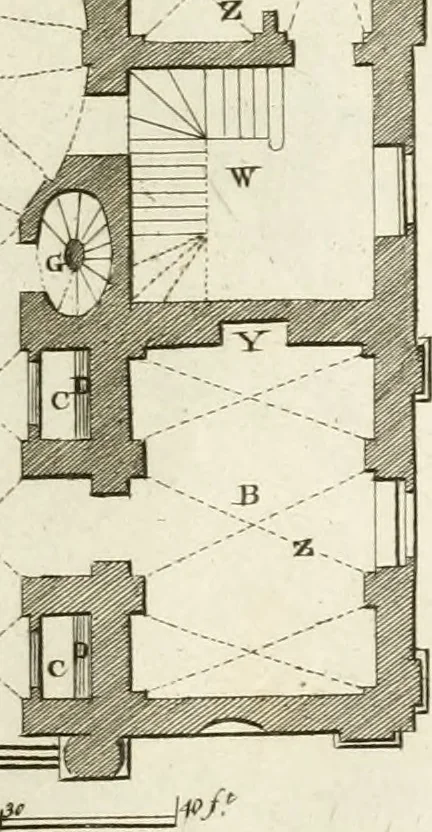 An illustration from The builder's magazine, or, A universal dictionary for architects, carpenters, masons, bricklayers, &c. as well as for every gentleman who would wish to be a competent judge of the elegant and necessary art of building : consisting of designs in architecture ... : together with the plans and sections serving as an unerring assistant in the construction of any building, from a palace to a cottage ..., 1800, leaf 182