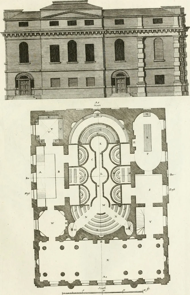 An illustration from The builder's magazine, or, A universal dictionary for architects, carpenters, masons, bricklayers, &c. as well as for every gentleman who would wish to be a competent judge of the elegant and necessary art of building : consisting of designs in architecture ... : together with the plans and sections serving as an unerring assistant in the construction of any building, from a palace to a cottage ..., 1800, leaf 184