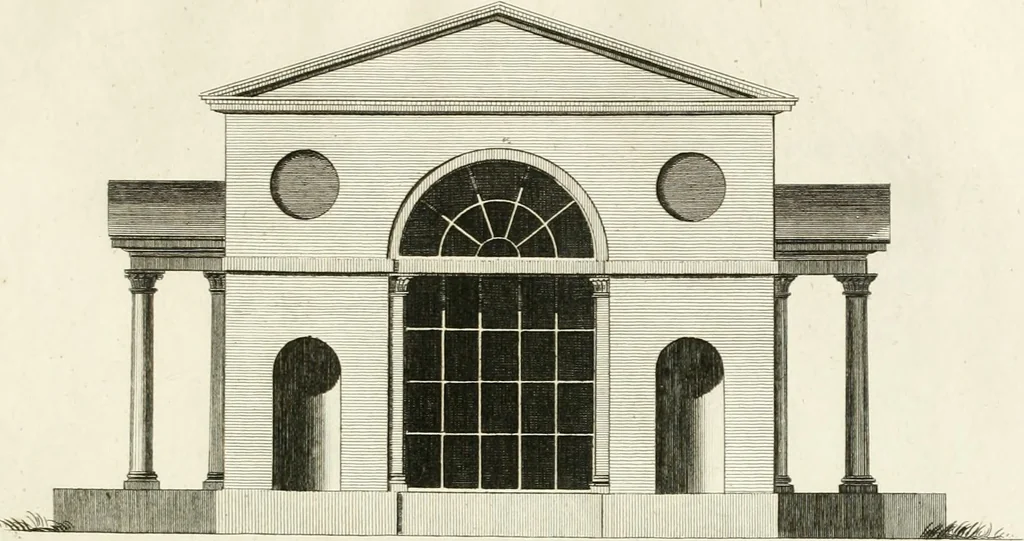 An illustration from The builder's magazine, or, A universal dictionary for architects, carpenters, masons, bricklayers, &c. as well as for every gentleman who would wish to be a competent judge of the elegant and necessary art of building : consisting of designs in architecture ... : together with the plans and sections serving as an unerring assistant in the construction of any building, from a palace to a cottage ..., 1800, leaf 194