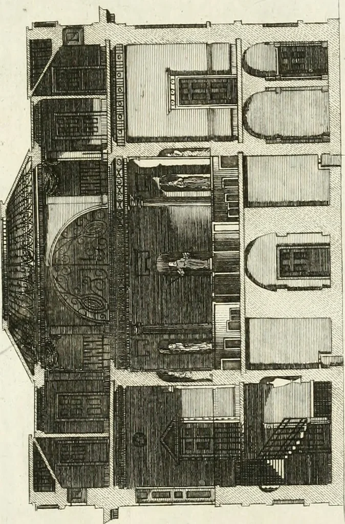 An illustration from The builder's magazine, or, A universal dictionary for architects, carpenters, masons, bricklayers, &c. as well as for every gentleman who would wish to be a competent judge of the elegant and necessary art of building : consisting of designs in architecture ... : together with the plans and sections serving as an unerring assistant in the construction of any building, from a palace to a cottage ..., 1800, leaf 198