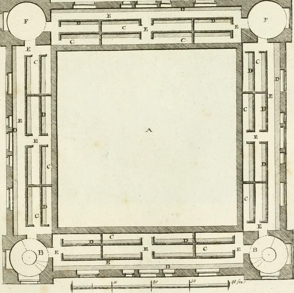 An illustration from The builder's magazine, or, A universal dictionary for architects, carpenters, masons, bricklayers, &c. as well as for every gentleman who would wish to be a competent judge of the elegant and necessary art of building : consisting of designs in architecture ... : together with the plans and sections serving as an unerring assistant in the construction of any building, from a palace to a cottage ..., 1800, leaf 200