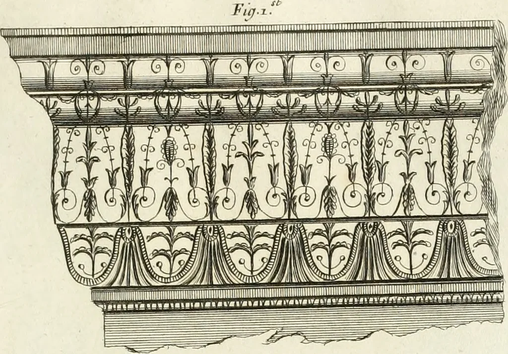 An illustration from The builder's magazine, or, A universal dictionary for architects, carpenters, masons, bricklayers, &c. as well as for every gentleman who would wish to be a competent judge of the elegant and necessary art of building : consisting of designs in architecture ... : together with the plans and sections serving as an unerring assistant in the construction of any building, from a palace to a cottage ..., 1800, leaf 204